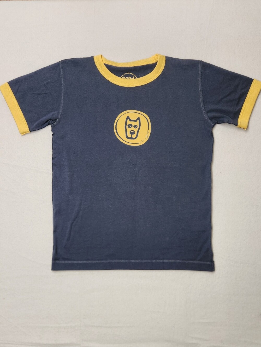 Life Is Good Kids Size 7 8 Navy Yellow Ringer Tee Dog Graphic Retro Casual Top